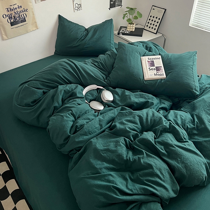 91家纺网 家纺一手货源 找家纺 优佳优品 2024新款ins风超柔褶皱亲肤磨毛水洗棉四件套 宝石绿