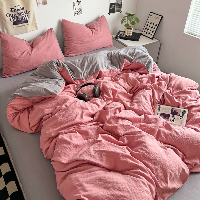 91家纺网 家纺一手货源 找家纺 优佳优品 2024新款ins风超柔褶皱亲肤磨毛水洗棉四件套 豆沙浅灰