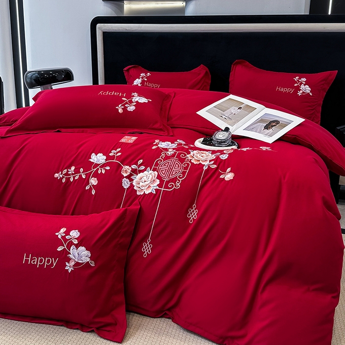 91家纺网 家纺一手货源 找家纺 梦舒羽 2025新款加厚亲肤棉磨毛刺绣四件套-平安喜乐 平安喜乐-红