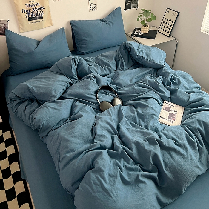 91家纺网 家纺一手货源 找家纺 优佳优品 2024新款ins风超柔褶皱亲肤磨毛水洗棉四件套 梵星蓝