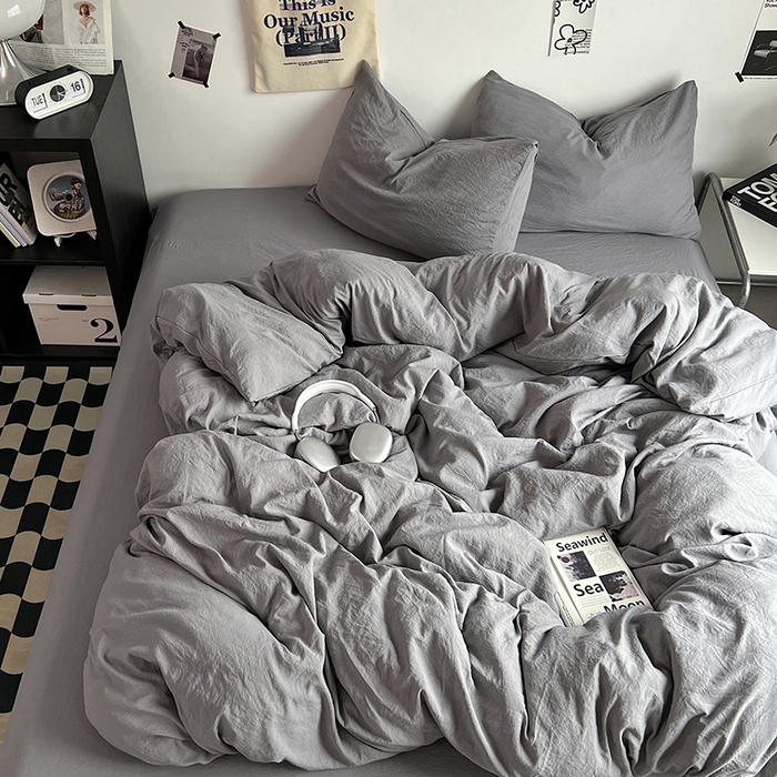 91家纺网 家纺一手货源 找家纺 优佳优品 2024新款ins风超柔褶皱亲肤磨毛水洗棉四件套 流光灰