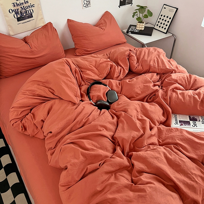 91家纺网 家纺一手货源 找家纺 优佳优品 2024新款ins风超柔褶皱亲肤磨毛水洗棉四件套 浪漫橙