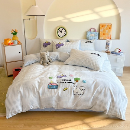 千朵 2024新款全棉磨毛绣花毛巾绣四件套 紫色小象