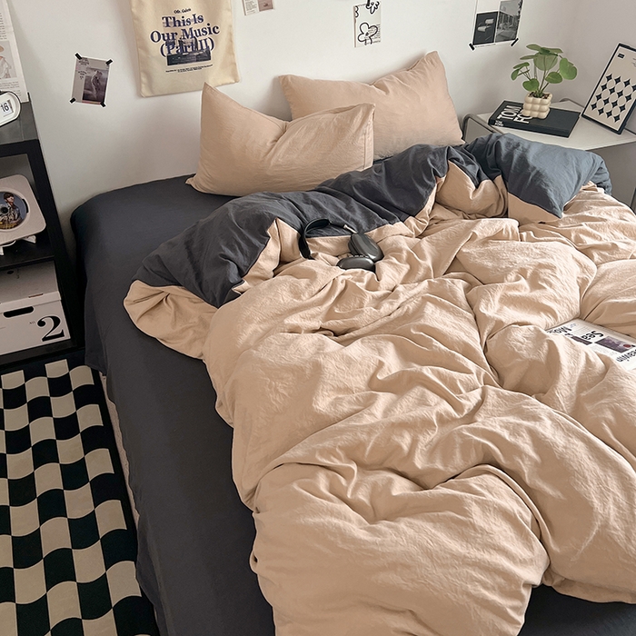 91家纺网 家纺一手货源 找家纺 优佳优品 2024新款ins风超柔褶皱亲肤磨毛水洗棉四件套 卡其深灰