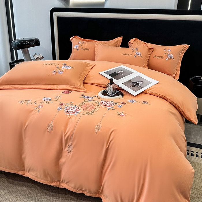 91家纺网 家纺一手货源 找家纺 梦舒羽 2025新款加厚亲肤棉磨毛刺绣四件套-平安喜乐 平安喜乐-橙色