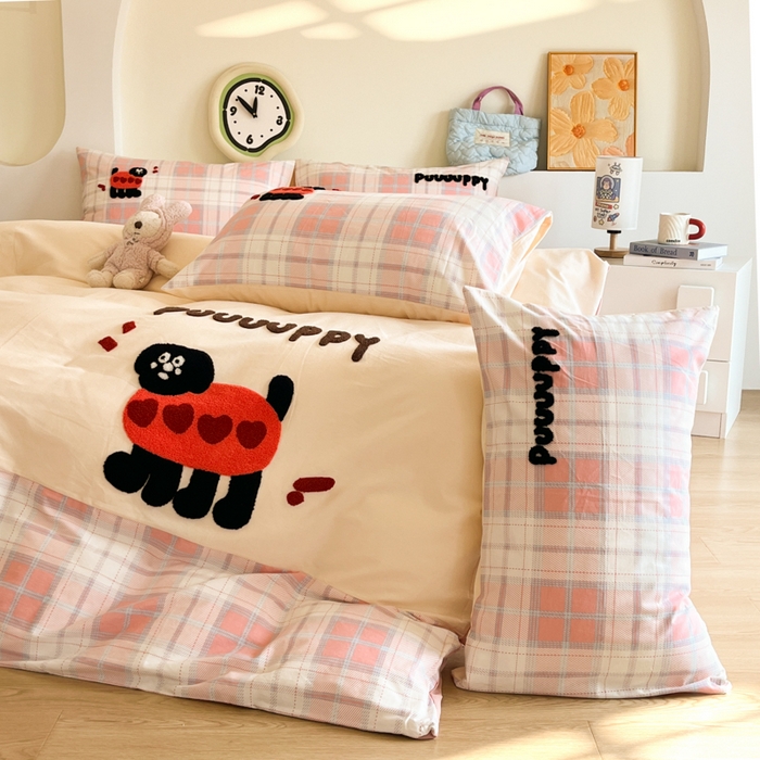 91家纺网 家纺一手货源 找家纺 千朵 2024新款全棉磨毛绣花毛巾绣四件套 爱心狗