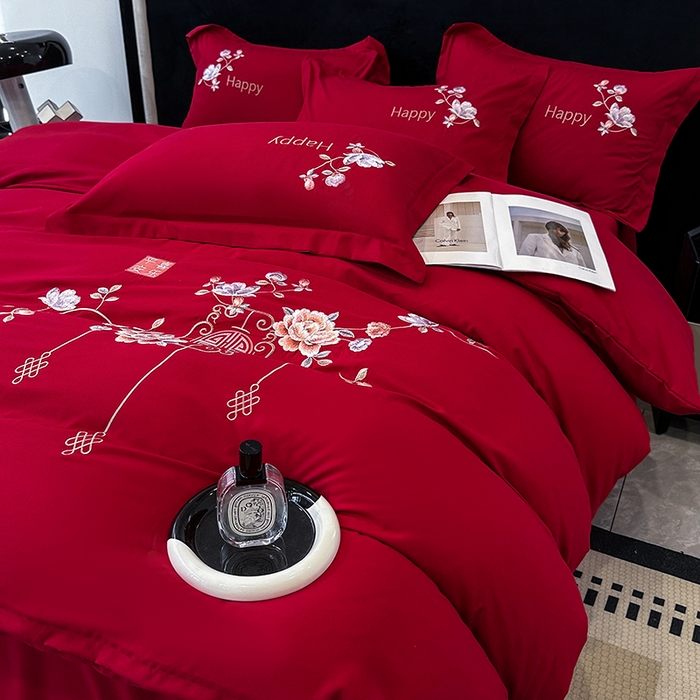 91家纺网 家纺一手货源 找家纺 梦舒羽 2025新款加厚亲肤棉磨毛刺绣四件套-平安喜乐 平安喜乐-红