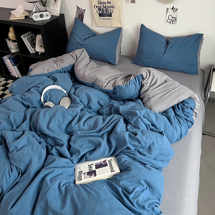 91家纺网 家纺一手货源 找家纺 优佳优品 2024新款ins风超柔褶皱亲肤磨毛水洗棉四件套 宝蓝浅灰