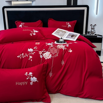 梦舒羽 2025新款加厚亲肤棉磨毛刺绣四件套-平安喜乐 平安喜乐-红