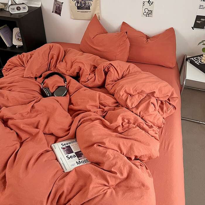 91家纺网 家纺一手货源 找家纺 优佳优品 2024新款ins风超柔褶皱亲肤磨毛水洗棉四件套 浪漫橙