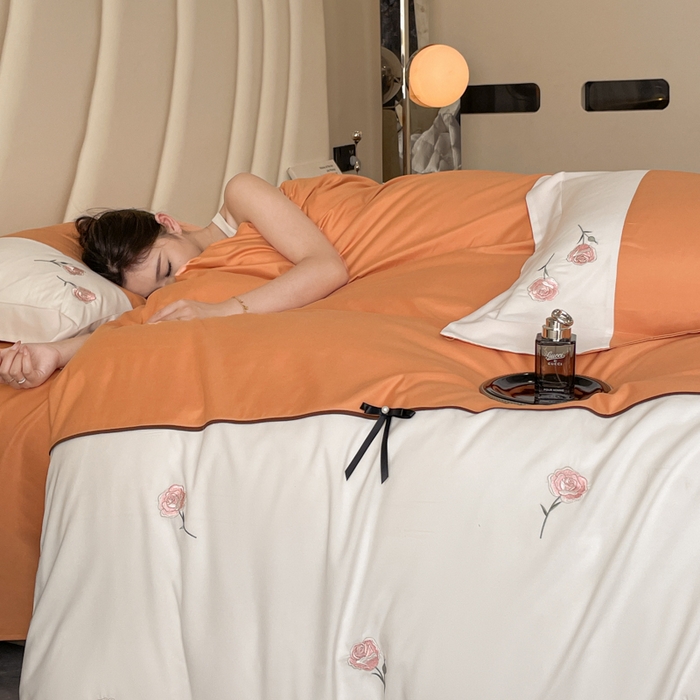 91家纺网 家纺一手货源 找家纺 遇见家居生活馆 2024新款亲肤棉刺绣四件套-蝶恋花 蝶恋花-南瓜橘