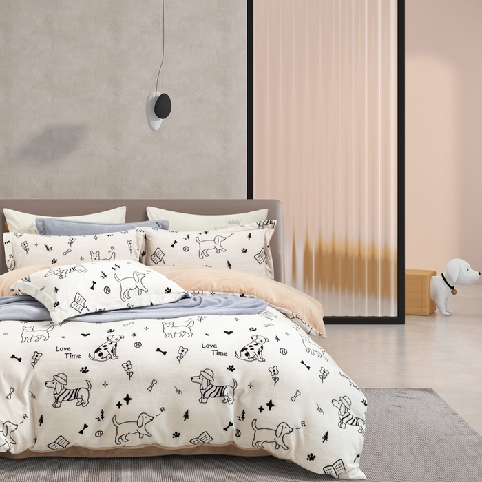 91家纺网 家纺一手货源 找家纺 宜家坊 2024新款加厚保暖印花牛奶绒四件套 休闲狗狗