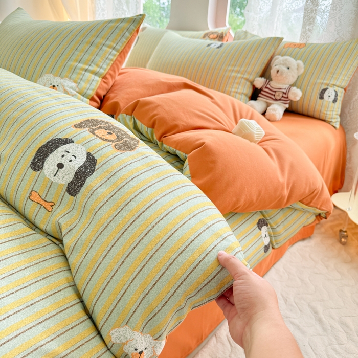 91家纺网 家纺一手货源 找家纺 千朵 2024新款全棉磨毛印花四件套 彩虹狗