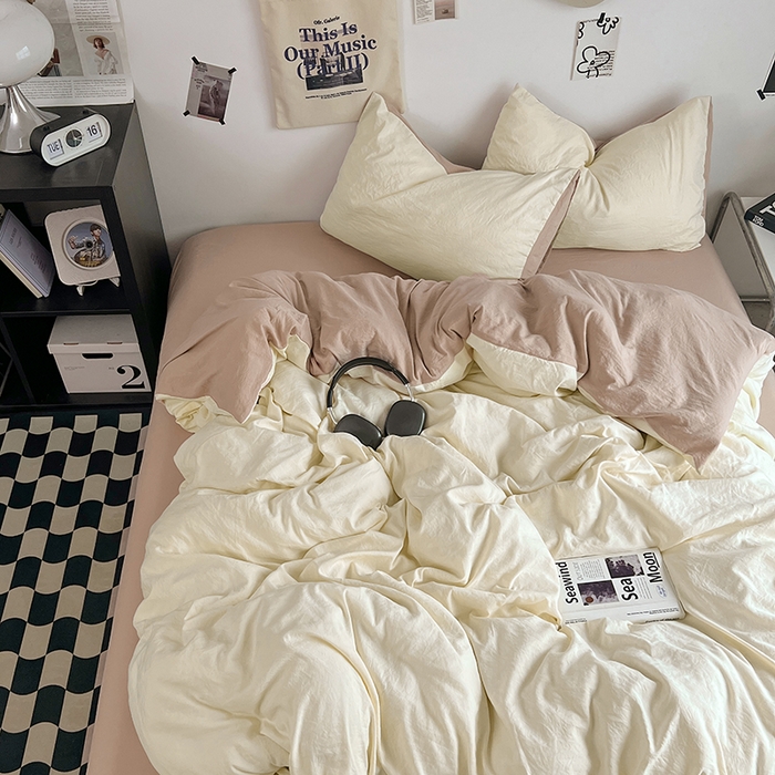 91家纺网 家纺一手货源 找家纺 优佳优品 2024新款ins风超柔褶皱亲肤磨毛水洗棉四件套 菊蕊奶黄