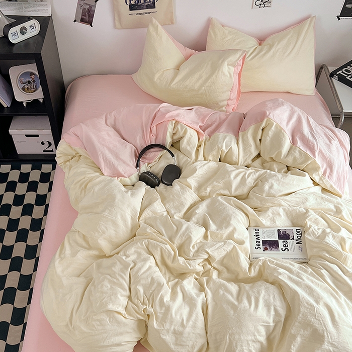 91家纺网 家纺一手货源 找家纺 优佳优品 2024新款ins风超柔褶皱亲肤磨毛水洗棉四件套 柠檬粉