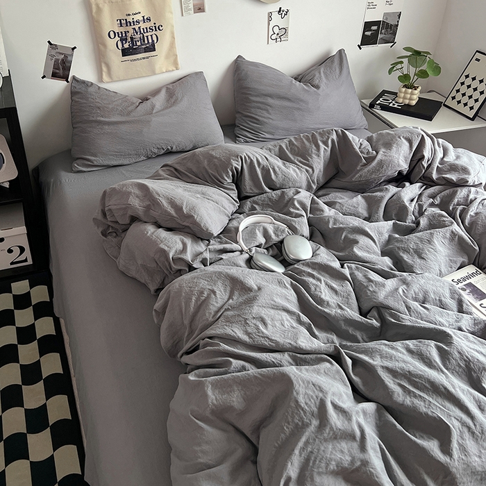 91家纺网 家纺一手货源 找家纺 优佳优品 2024新款ins风超柔褶皱亲肤磨毛水洗棉四件套 流光灰