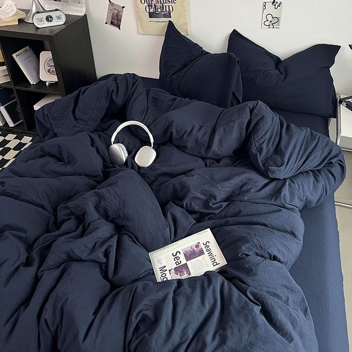 91家纺网 家纺一手货源 找家纺 优佳优品 2024新款ins风超柔褶皱亲肤磨毛水洗棉四件套 梦幻蓝