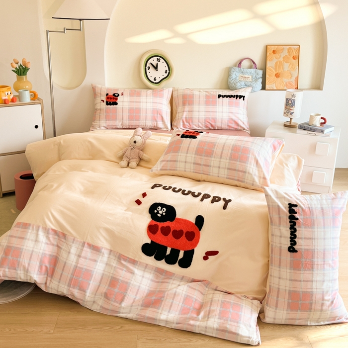 91家纺网 家纺一手货源 找家纺 千朵 2024新款全棉磨毛绣花毛巾绣四件套 爱心狗