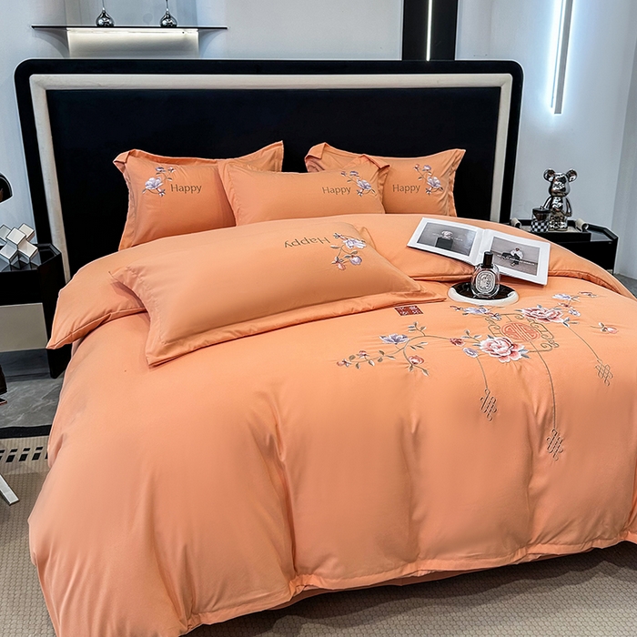 91家纺网 家纺一手货源 找家纺 梦舒羽 2025新款加厚亲肤棉磨毛刺绣四件套-平安喜乐 平安喜乐-橙色
