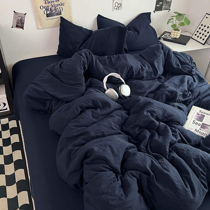 91家纺网 家纺一手货源 找家纺 优佳优品 2024新款ins风超柔褶皱亲肤磨毛水洗棉四件套 梦幻蓝