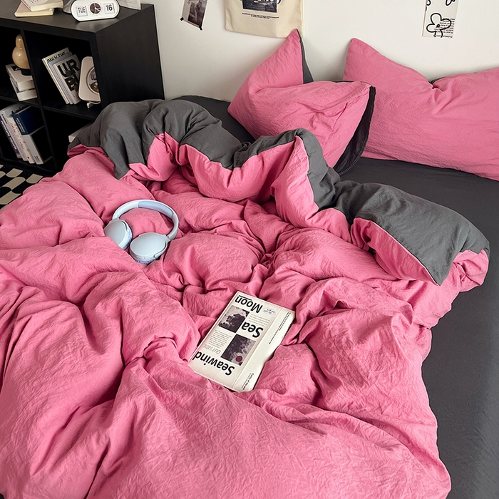 91家纺网 家纺一手货源 找家纺 优佳优品 2024新款ins风超柔褶皱亲肤磨毛水洗棉四件套 玫红深灰