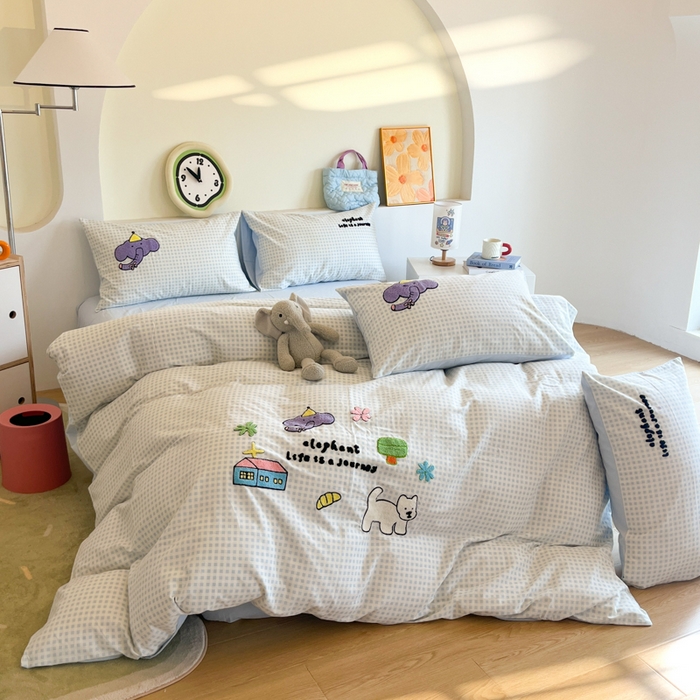 91家纺网 家纺一手货源 找家纺 千朵 2024新款全棉磨毛绣花毛巾绣四件套 紫色小象