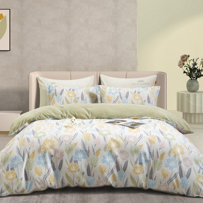 91家纺网 家纺一手货源 找家纺 宜家坊 2024新款加厚保暖印花牛奶绒四件套 郁香轻语-奶绿