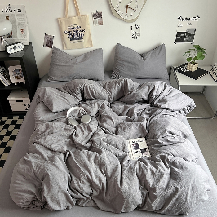 91家纺网 家纺一手货源 找家纺 优佳优品 2024新款ins风超柔褶皱亲肤磨毛水洗棉四件套 流光灰