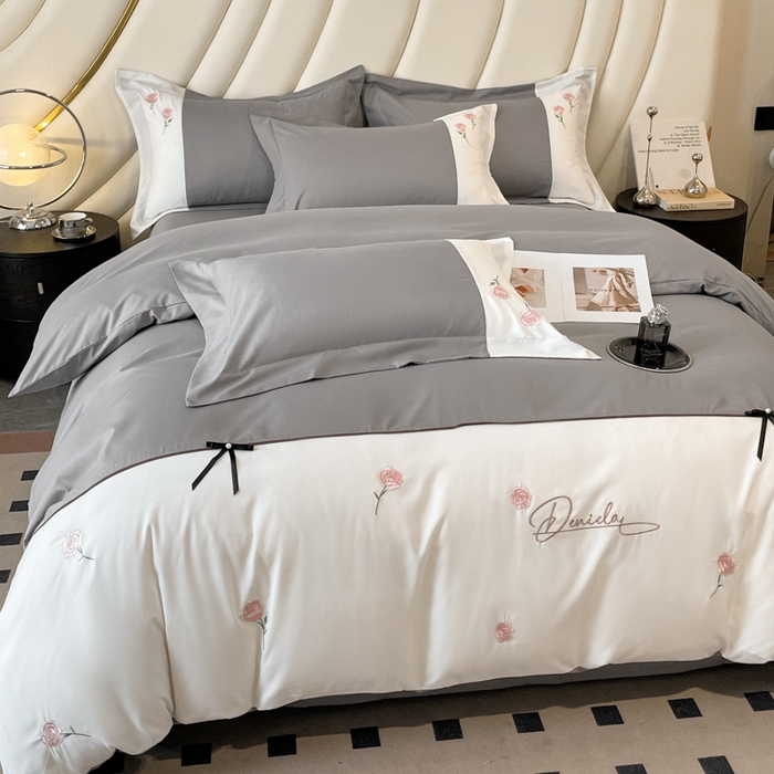 91家纺网 家纺一手货源 找家纺 遇见家居生活馆 2024新款亲肤棉刺绣四件套-蝶恋花 蝶恋花-中灰