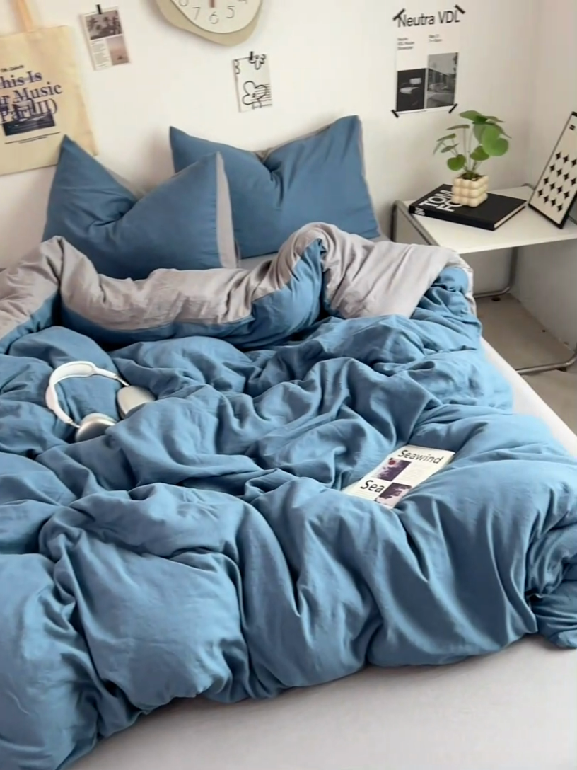 91家纺网 家纺一手货源 找家纺 优佳优品 2024新款ins风超柔褶皱亲肤磨毛水洗棉四件套 宝蓝浅灰