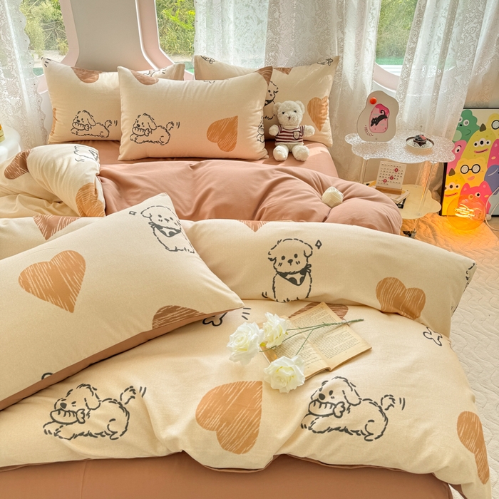 91家纺网 家纺一手货源 找家纺 千朵 2024新款全棉磨毛印花四件套 奶酪狗