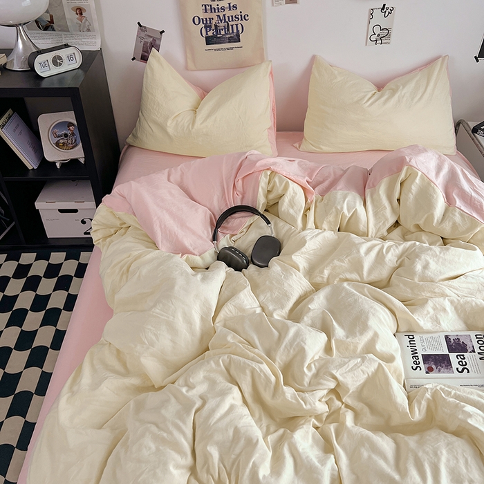 91家纺网 家纺一手货源 找家纺 优佳优品 2024新款ins风超柔褶皱亲肤磨毛水洗棉四件套 柠檬粉