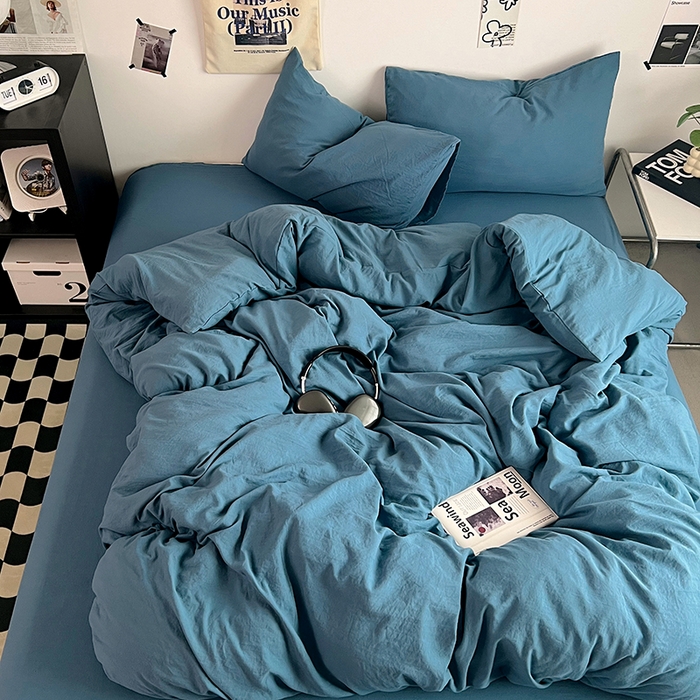 91家纺网 家纺一手货源 找家纺 优佳优品 2024新款ins风超柔褶皱亲肤磨毛水洗棉四件套 梵星蓝