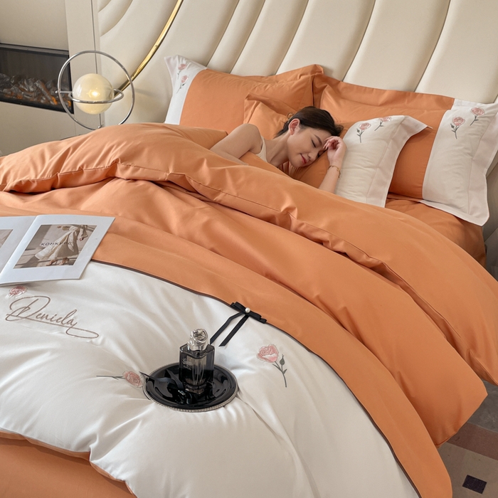 91家纺网 家纺一手货源 找家纺 遇见家居生活馆 2024新款亲肤棉刺绣四件套-蝶恋花 蝶恋花-南瓜橘