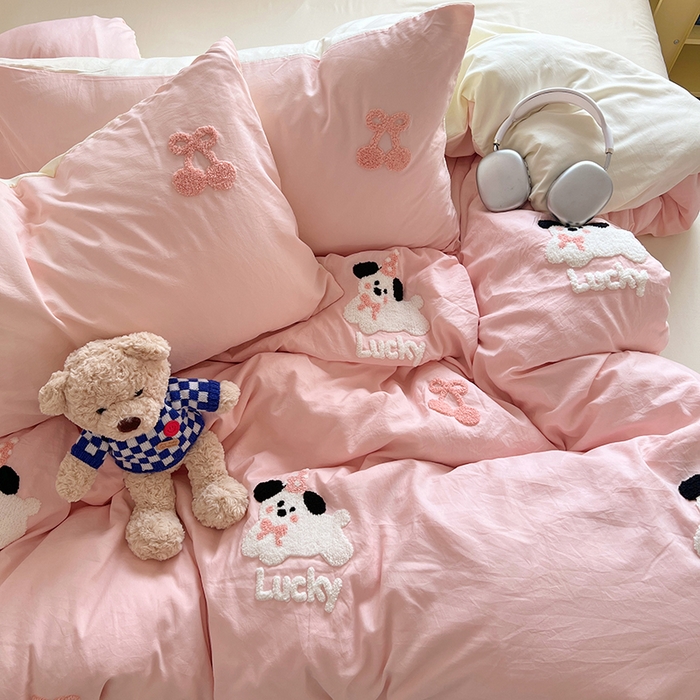 91家纺网 家纺一手货源 找家纺 优佳优品 2024新款水洗棉毛巾绣四件套（可提供买家秀） 樱桃奶狗