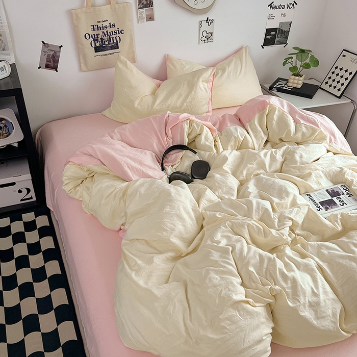 91家纺网 家纺一手货源 找家纺 优佳优品 2024新款ins风超柔褶皱亲肤磨毛水洗棉四件套 柠檬粉