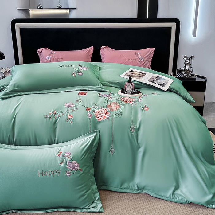 91家纺网 家纺一手货源 找家纺 梦舒羽 2025新款加厚亲肤棉磨毛刺绣四件套-平安喜乐 平安喜乐-水绿