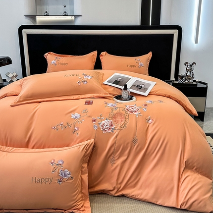 梦舒羽 2025新款加厚亲肤棉磨毛刺绣四件套-平安喜乐 平安喜乐-橙色
