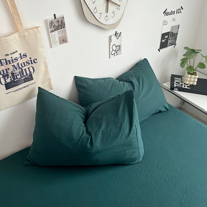 91家纺网 家纺一手货源 找家纺 优佳优品 2024新款ins风超柔褶皱亲肤磨毛水洗棉四件套 宝石绿