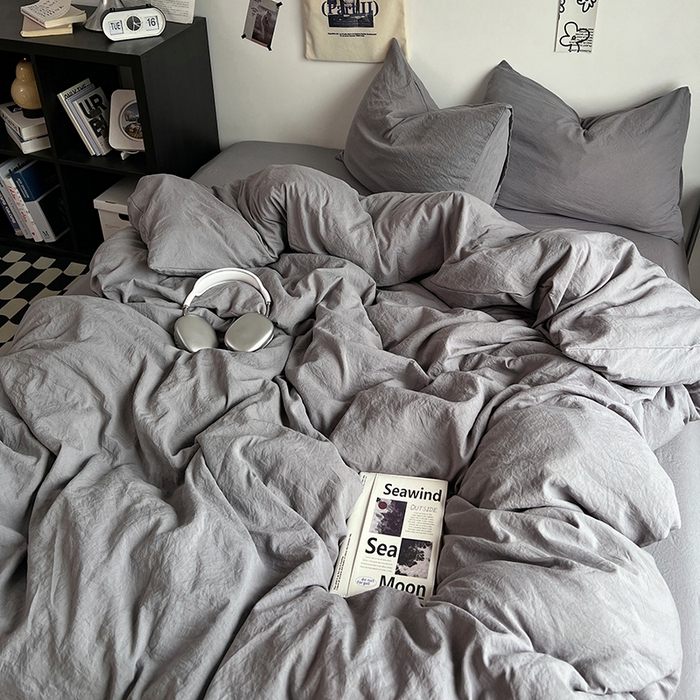 91家纺网 家纺一手货源 找家纺 优佳优品 2024新款ins风超柔褶皱亲肤磨毛水洗棉四件套 流光灰