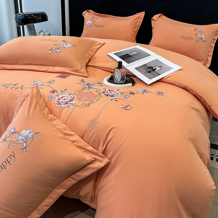 91家纺网 家纺一手货源 找家纺 梦舒羽 2025新款加厚亲肤棉磨毛刺绣四件套-平安喜乐 平安喜乐-橙色