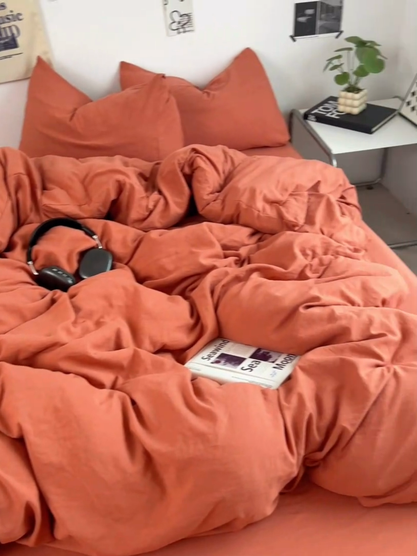 91家纺网 家纺一手货源 找家纺 优佳优品 2024新款ins风超柔褶皱亲肤磨毛水洗棉四件套 浪漫橙