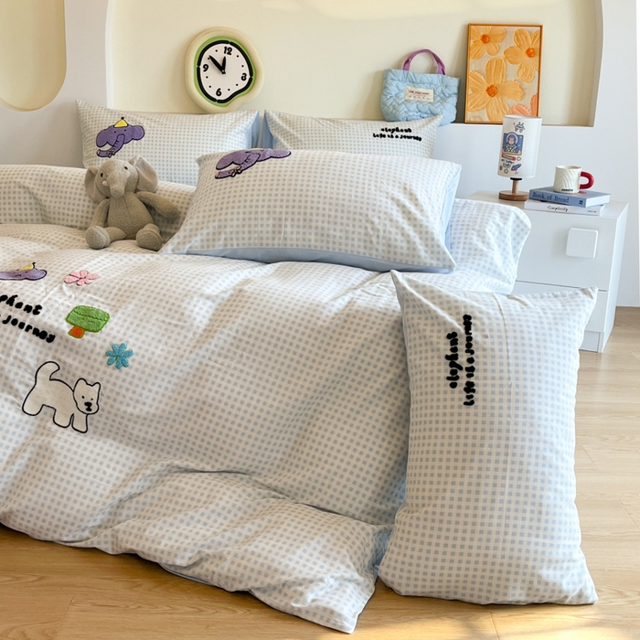 91家纺网 家纺一手货源 找家纺 千朵 2024新款全棉磨毛绣花毛巾绣四件套 紫色小象