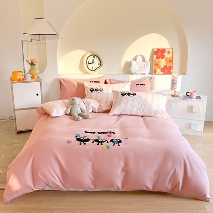 千朵 2024新款全棉磨毛绣花毛巾绣四件套 粉色小煤球