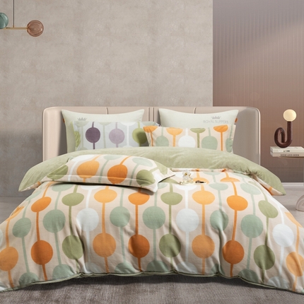 91家纺网 家纺一手货源 找家纺 宜家坊 2024新款加厚保暖印花牛奶绒四件套 迷境-奶绿