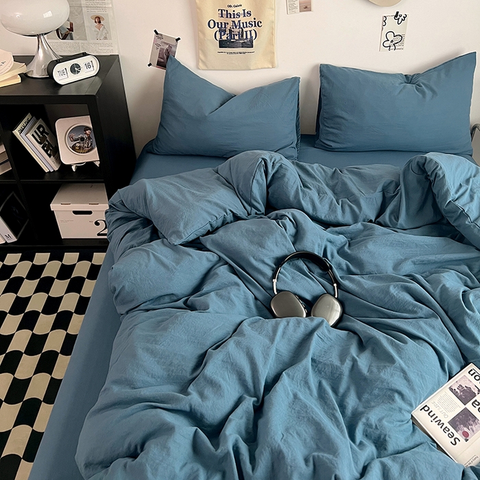 91家纺网 家纺一手货源 找家纺 优佳优品 2024新款ins风超柔褶皱亲肤磨毛水洗棉四件套 梵星蓝