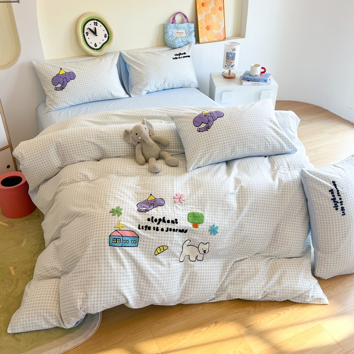 91家纺网 家纺一手货源 找家纺 千朵 2024新款全棉磨毛绣花毛巾绣四件套 紫色小象