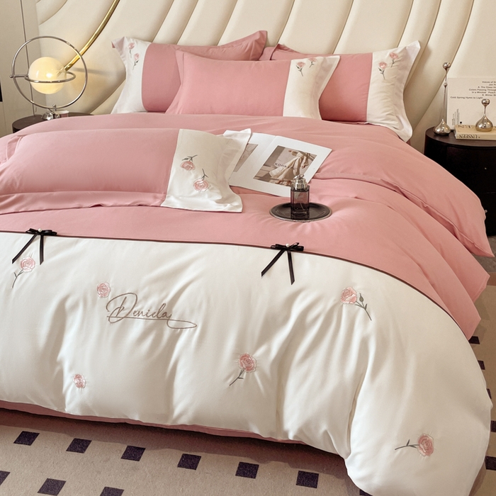 91家纺网 家纺一手货源 找家纺 遇见家居生活馆 2024新款亲肤棉刺绣四件套-蝶恋花 蝶恋花-浅豆沙