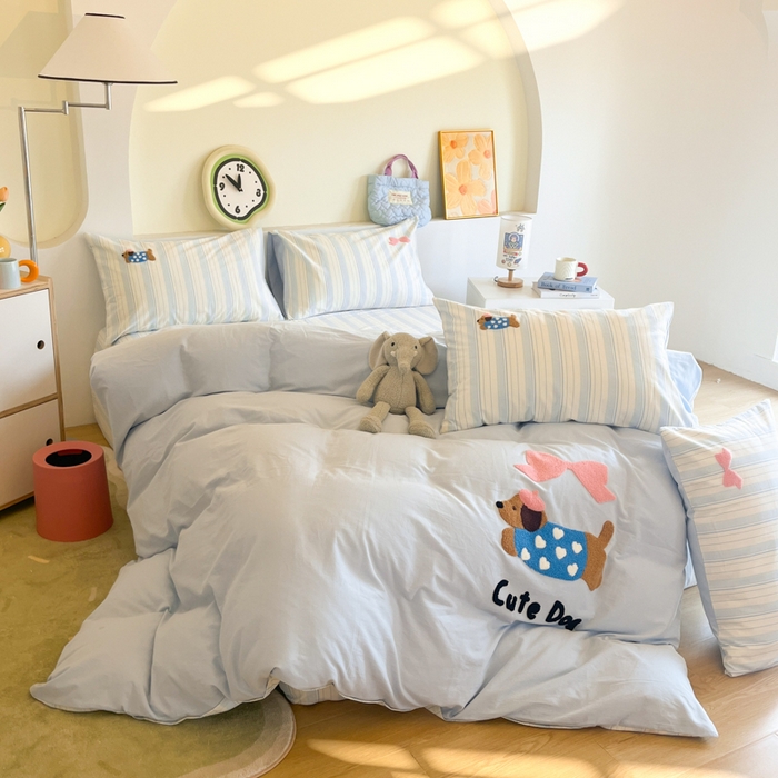 91家纺网 家纺一手货源 找家纺 千朵 2024新款全棉磨毛绣花毛巾绣四件套 蝴蝶结狗