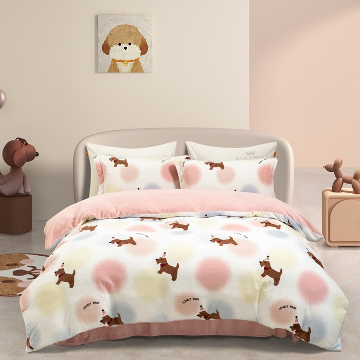 91家纺网 家纺一手货源 找家纺 宜家坊 2024新款加厚保暖印花牛奶绒四件套 波点徕卡